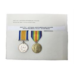 WWI pair of medals comprising British War Medal and Victory Medal awarded to 39357 Pte. T. Jeffinson Northumberland Fusiliers; both with ribbons (2)