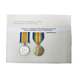  WWI pair of medals comprising British War Medal and Victory Medal awarded to 39357 Pte. T. Jeffinson Northumberland Fusiliers; both with ribbons (2)