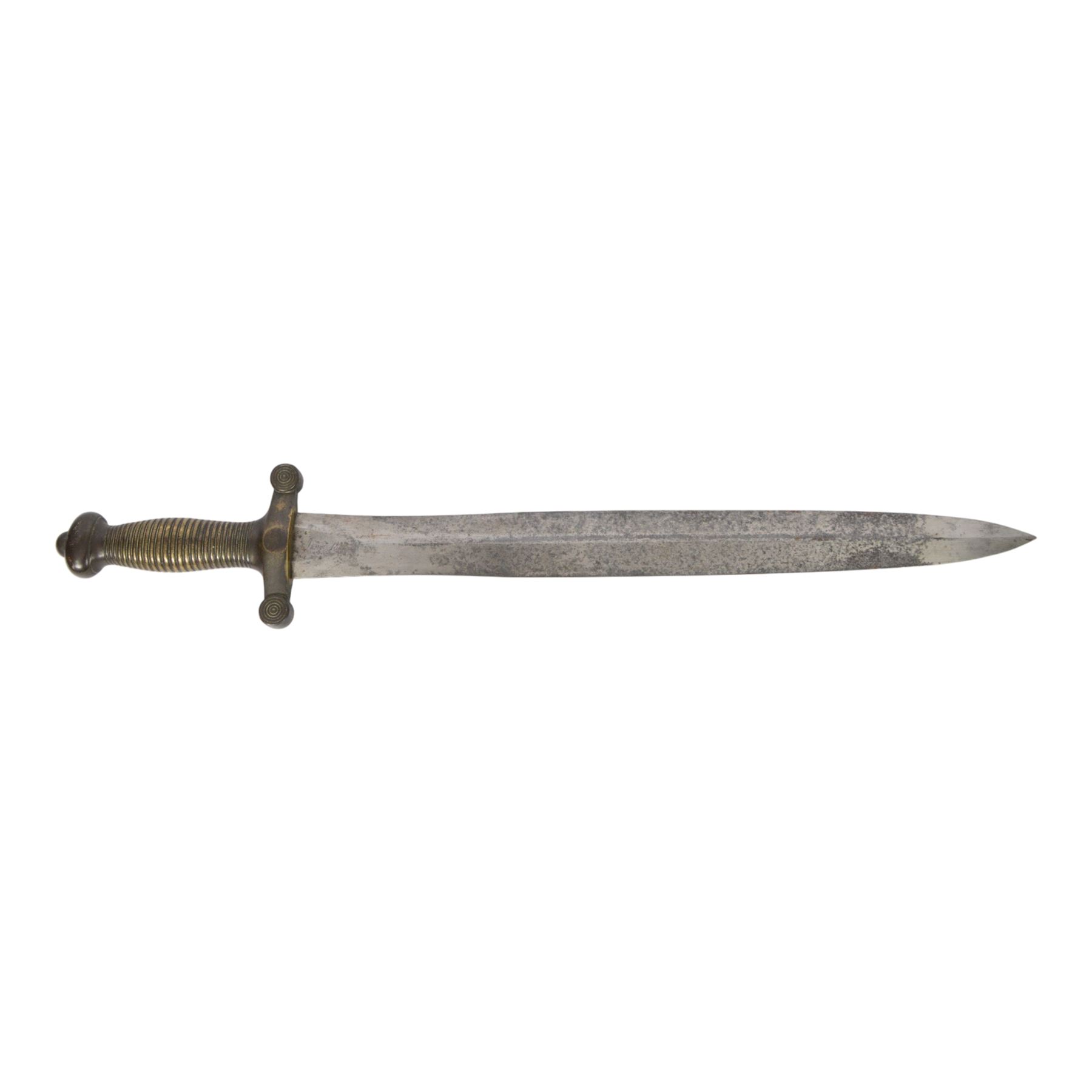 French 1832 Pattern Gladius short sword, the 49cm double edged blade inscribed to the ricasso, cast brass hilt with groove grip and short quillons, brass mounted leather scabbard, scabbard and sword both marked 994, overall L66cm
