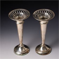 Pair of silver trumpet shape vases with pierced rims H18cm Sheffield 1910 Maker James Deakin & Sons and one other vase H21cm Birmingham 1967