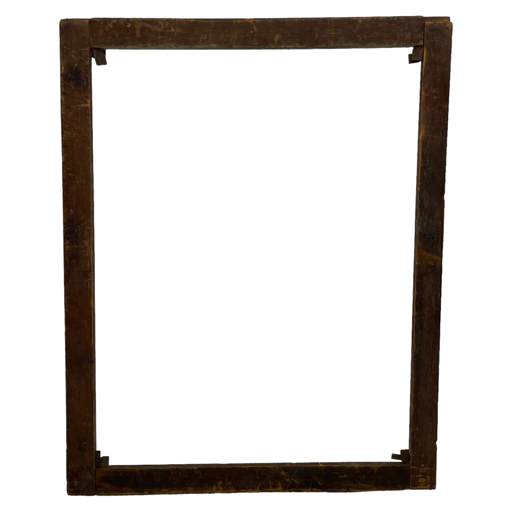 19th century giltwood and gesso moulded picture or mirror frame, the arched cresting rail mounted by central cartouche decorated with foliate scrolls and fruit, the outer frame decorated with scalloped edge and shell mouldings, trailing foliage with flower head and fruit to the central band, egg and dart moulded inner slip