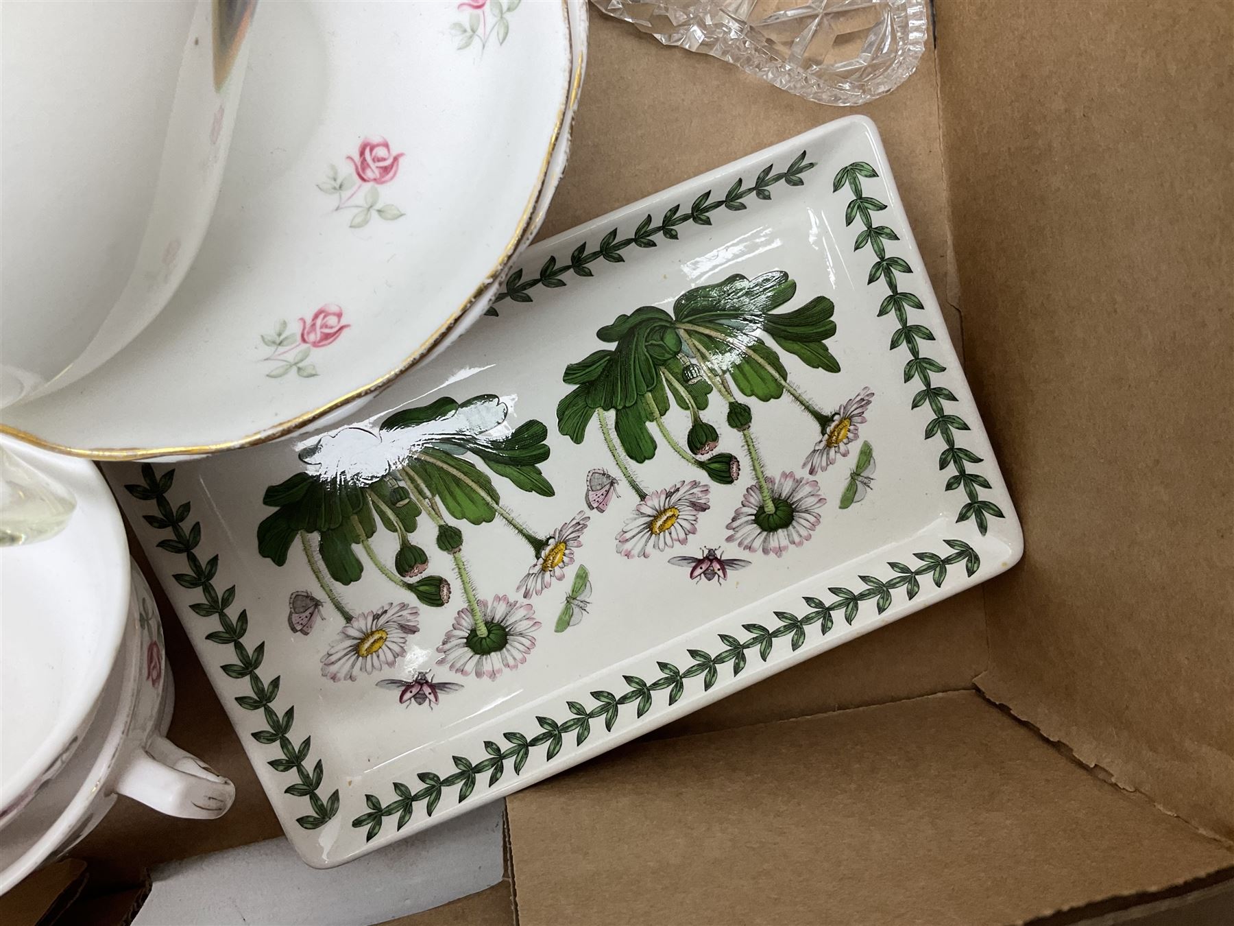 Quantity of ceramics to include Kernewek Cornwall tea wares, pair of Royal Doulton Islamic series plates, sage green Wedgwood Jasperware, Coclough tea wares, glassware etc in two boxes