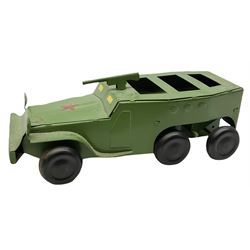 Various Makers - military vehicles comprising Schuco Kubelwagen and two Russian tanks, all boxed; and quantity of unboxed and playworn models including five Crescent Field Guns and Ammunition Limbers, Crescent Heavy Rescue Crane, Johilco Mobile Searchlight, Britains German Army BMW Combination, two Skybirds trucks etc; and a tin-plate armoured car.