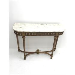 French style marble top demi lune side table, turned and reeded tapering supports joined by shaped stretcher with central finial