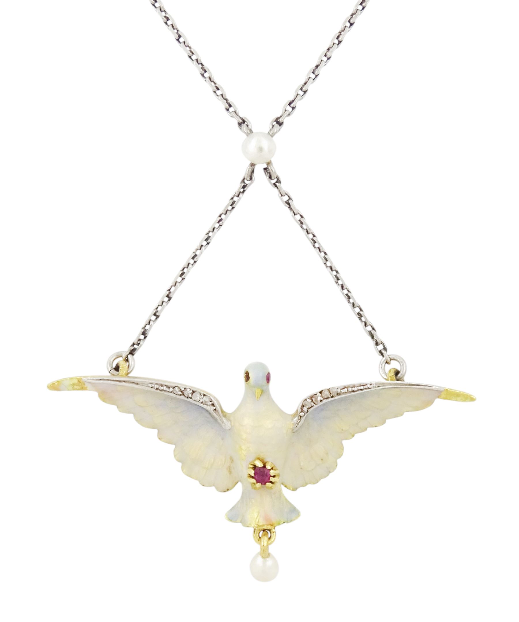 Early 20th century platinum and gold enamel, pearl and diamond dove pendant necklace, the dove in flight, with applied opalescent enamel, ruby set eyes and the wings outlined with rose cut diamonds, its claws holding a round cut ruby and suspending a pearl drop, stamped 18ct, to a platinum chain set with an additional pearl