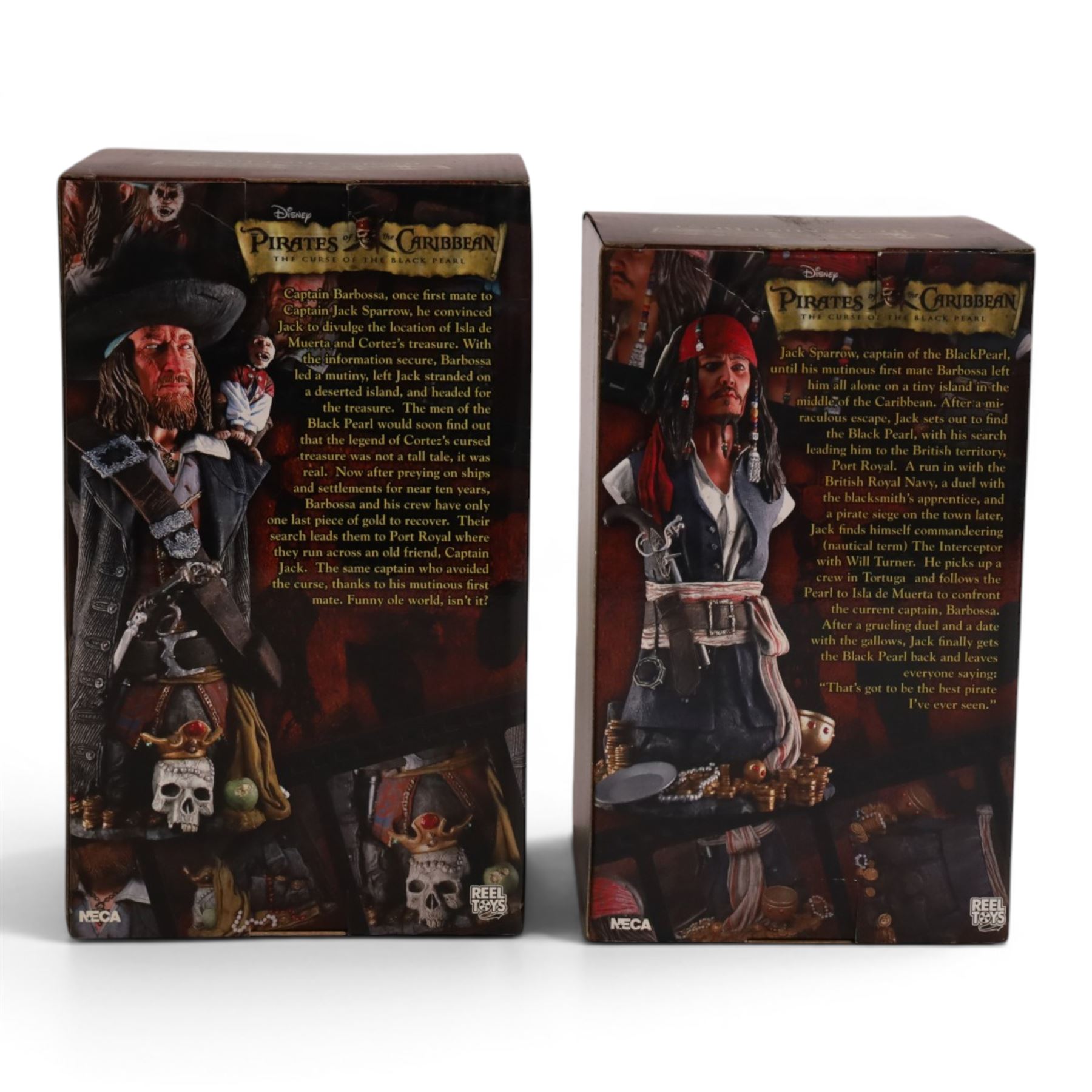 Two limited edition Neca Pirates of the Caribbean The Curse of the Black Pearl resin mini busts, Capt. Jack Sparrow 2063/2500 and Capt. Barbossa 995/2500, both boxed