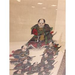 Framed Japanese scroll picture of a group of seated samurai H158cm, W52cm. 