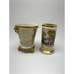 Two 19th century porcelain spill vases, in the Derby style, the first example with twin mask handles and raised upon three paw feet, decorated with a landscape panel and gilt scrollwork, H11cm, the second example decorated with a continuous landscape band and beaded detail, H11cm