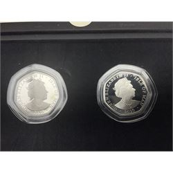 Two Queen Elizabeth II Isle of Man 2020 silver proof fifty pence coin sets, comprising 'Rupert Bear' five coins and 'Peter Pan' six coins, both cased with certificates