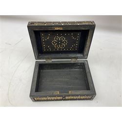 19th century tortoiseshell card case, decorated with inlaid mother of pearl bands, L10cm, together with an Anglo-Indian ebony and porcupine quill box, W19cm H7cm D13cm and another 19th century box decorated with panels of bone laid onto wood with silver-plate border mounts, H9cm W15.5cm D8cm