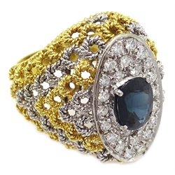  Oval sapphire and round brilliant cut diamond ring pierced rope twist gold mount stamped Kt18  