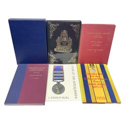 Six medal collectors reference books including Douglas-Morris Kenneth: Naval Medal 1857-1880. 1994 in slip-case; Casualty Roll For The Zulu and Basuto Wars South Africa 1877-79; Abbott P.E.: Recipients of the Distinguished Conduct Medal 1855-1909; Casualty Roll For The Crimea 1854-1855; and two others (6)