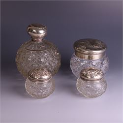Early 20th century silver mounted cut glass scent bottle, with silver lid and three cut gl...