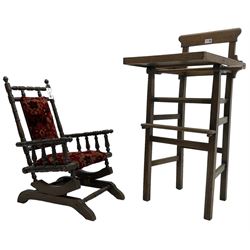 Early 20th century beech framed child's American design rocking chair (W38cm); and an early 20th century oak child's high chair (H92cm)
