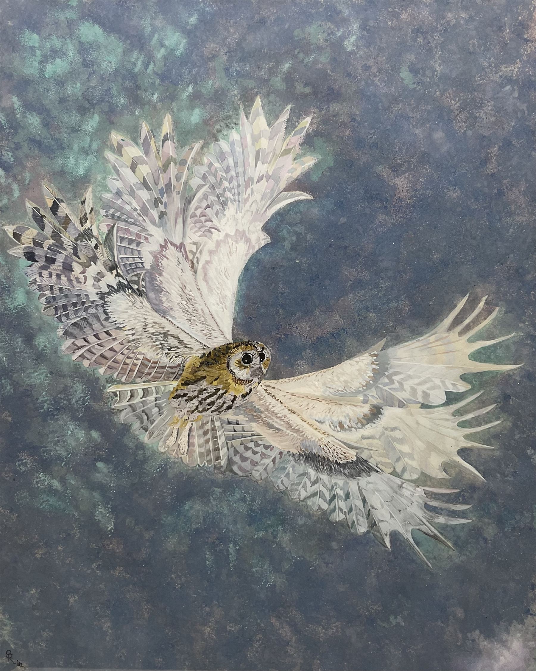 Susan Cameron (British Contemporary): Owl in Flight, gouache signed ‘82, 59cm x 47cm 