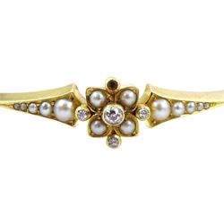Victorian 15ct gold split pearl and diamond set hinged bangle