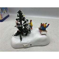 Christmas decorations; Lamax light up English Lane wall hanging, together with Lemax Frolic in the snow, Victorian parkway and other christmas signs and figures