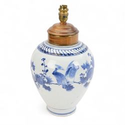 20th century Chinese blue and white vase converted to a table lamp, decorated with birds amongst flowering branches, H40cm 