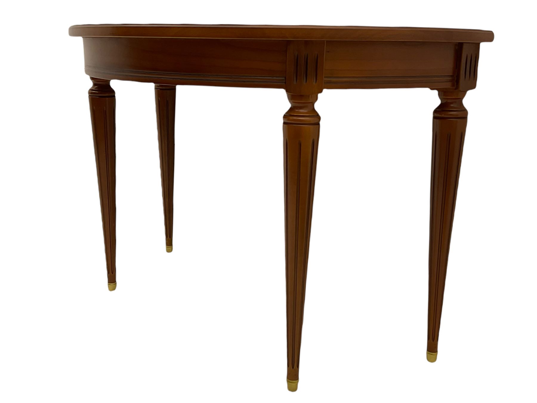 Contemporary cherry wood demi-lune console table, on tapering turned supports with fluting