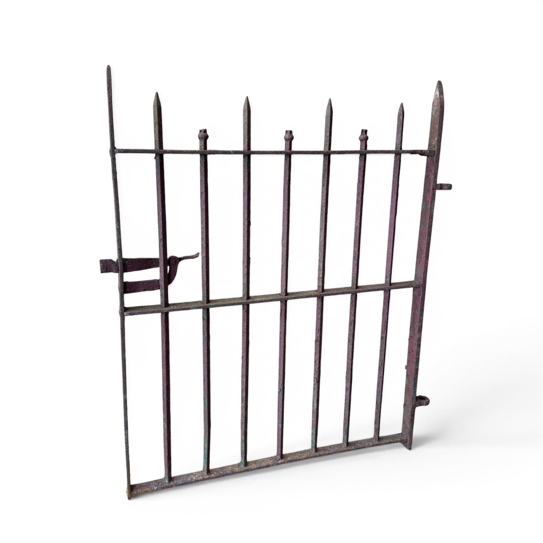 19th century wrought iron hand gate, with hinge loops and latch, square diamond fit rails, pointed finials