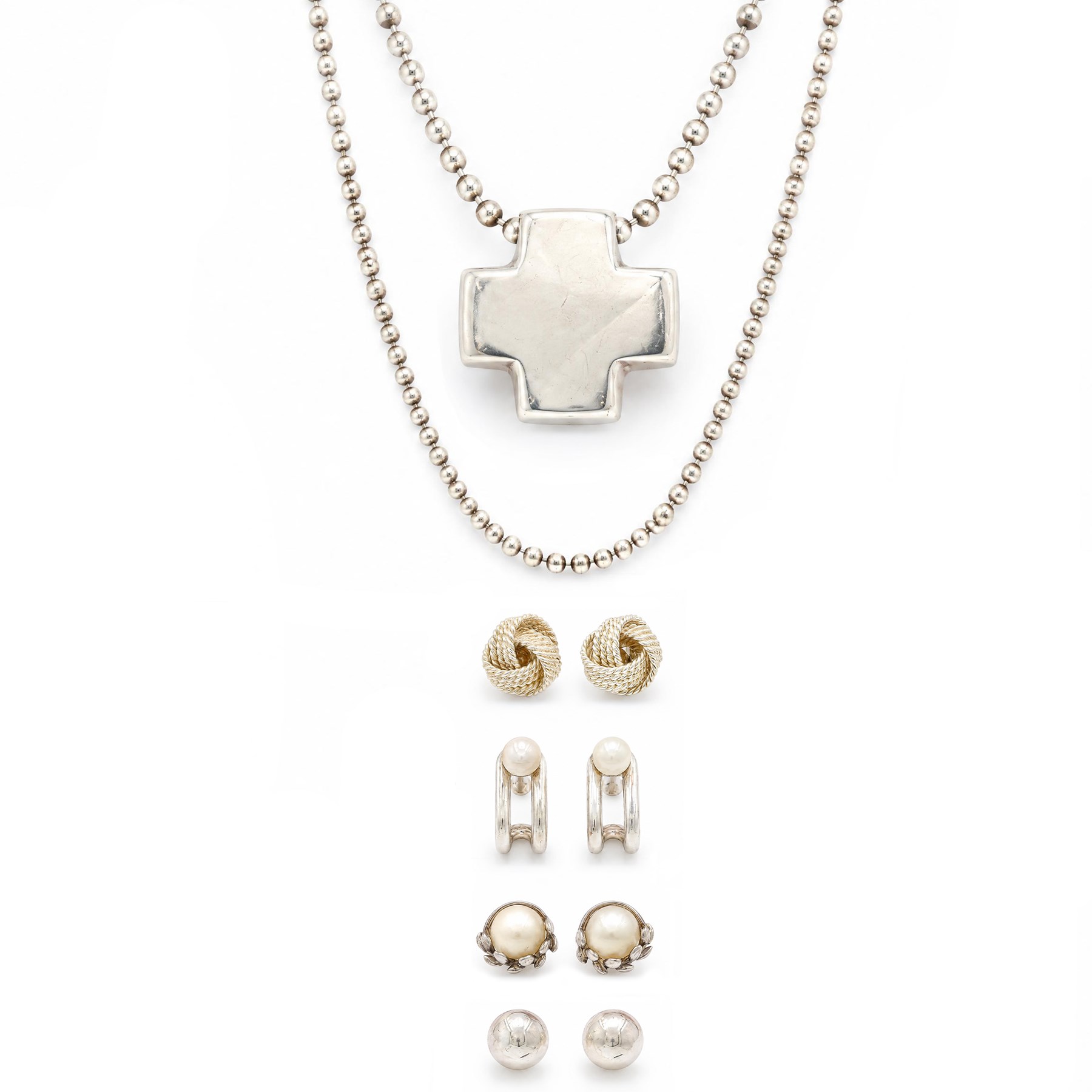 Tiffany & Co. silver jewellery - four pairs of stud earrings including two pearl set, one by Paloma Picasso, cross pendant necklace and a bead necklace chain, all stamped