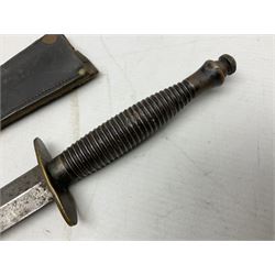 Fairburn and Sykes Commando fighting knife, 3rd pattern with 17cm double edged blade and copperised grip; no markings; in cut-down plain leather sheath L31.5cm