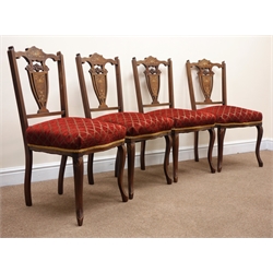  Four Edwardian inlaid mahogany dining chairs, shaped cresting rail, carved and pierced splat, upholstered seat, cabriole legs, W44cm  