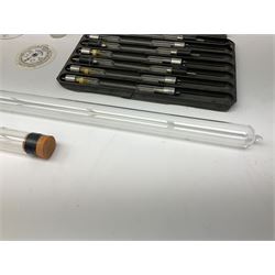 Quantity of laboratory and physics glassware including 'Guinea and Feather' equipment; boxed Latent Heat apparatus; Maltese Cross tube; atmospheric air pressure indicator flask; electroscope discharge tubes etc