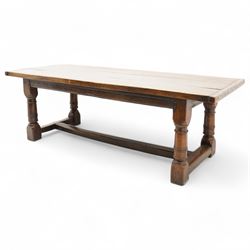 Jacobean design elm and oak refectory dining table, rectangular three plank top with cleated ends, moulded frieze rails on turned supports united by moulded stretcher rail