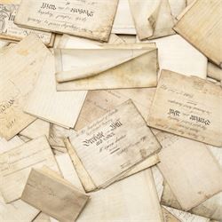 Yorkshire and miscellaneous deed interest - large collection of 18th and 19th century vellum indentures, wills, probate documents and property papers relating to wider Yorkshire towns and villages including Malton, Northallerton, Easingwold, Scarborough, the Humber, Barnsley, Ecclesfield, Great Leavening, Barton in the Willows, Flaxton and other areas, with documents concerning farmers, yeomen, tradesmen and landed families, many retaining wax seals and revenue stamps, together with a small quantity of non-Yorkshire and overseas-interest material including probate of Knobel Louis Benjamin du Gue, formerly of Brindisi, Italy, steam shipping agent, later of St Leonards-on-Sea, Sussex,  in one large box