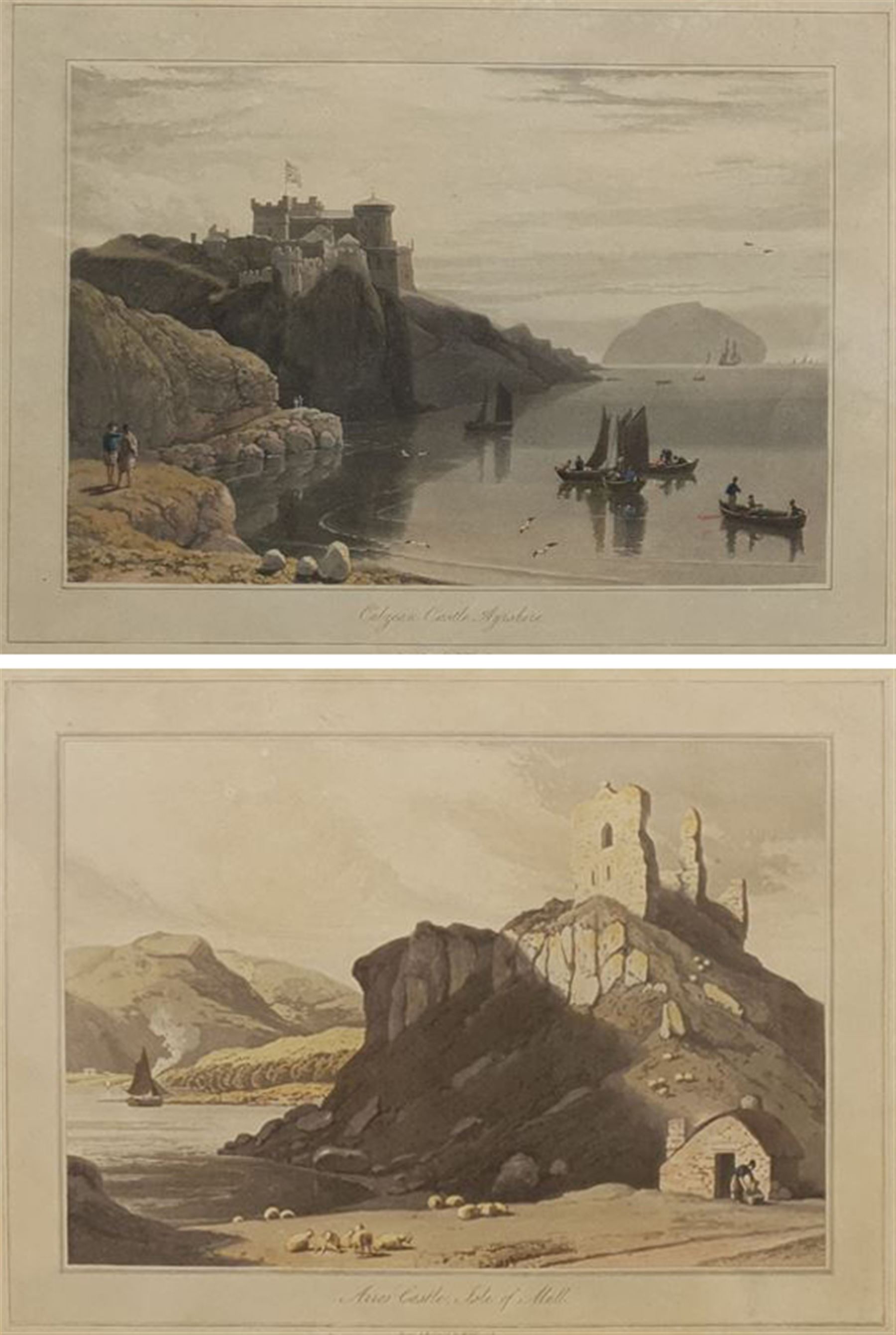 By and after William Daniell RA (British 1769-1837): 'Aros Castle Isle of Mull' and 'Culzean Castle Ayrshire', pair aquatints with hand colouring from Daniell's 'Voyage around Great Britain' pub. 1825, 20cm x 28cm (2)
