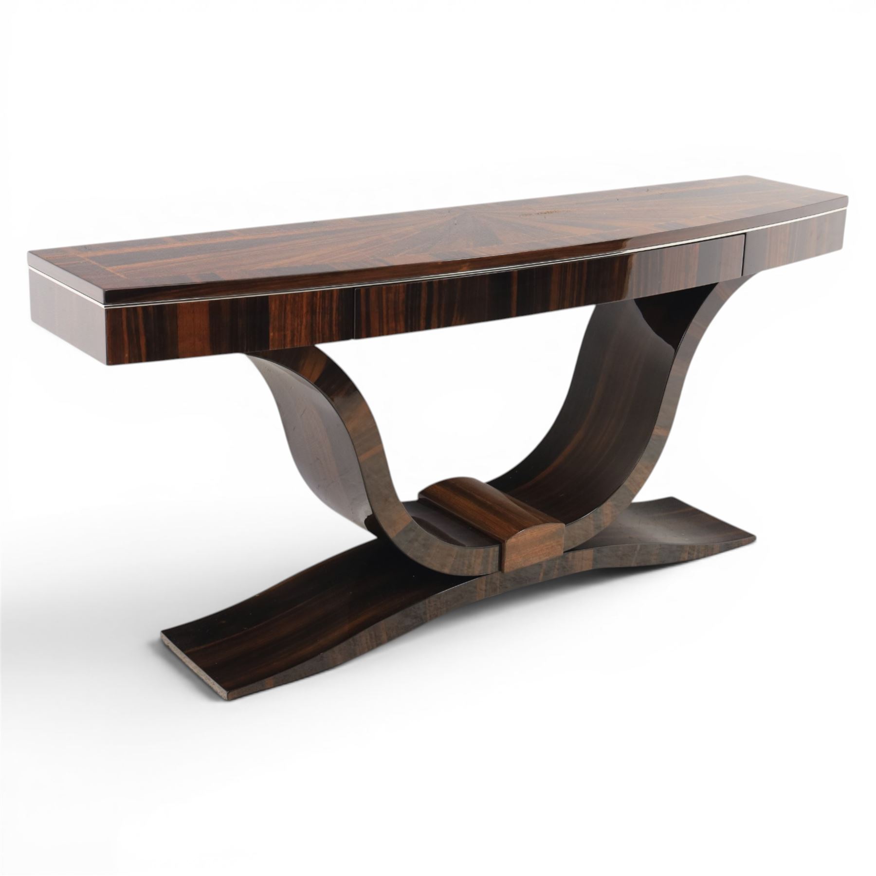 Giorgio Collection - Art Deco design macassar ebony 'Luna' console table, rectangular bow-front top with cross-banding and sun-burst veneer, fitted with single drawer, raised on a curved U-shaped base, retailed by Harrods