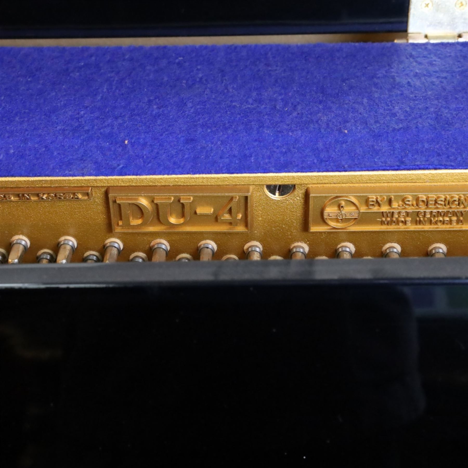 Offenbach by Daewoo model DU-4 upright piano, within high gloss ebonised case, circa 1990s serial no. 154804, with black wooden stool with velvet seat