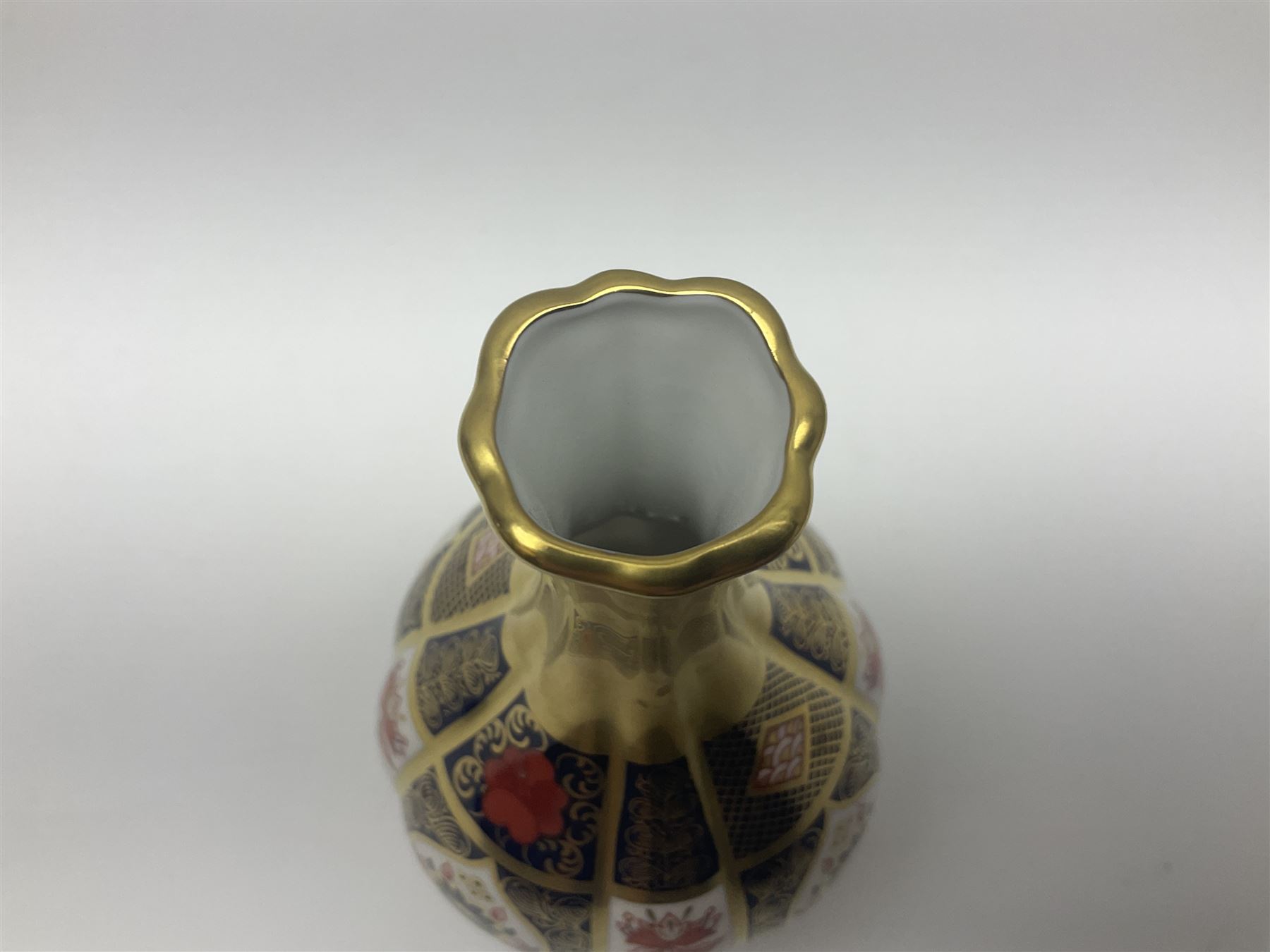 Royal Crown Derby Old Imari pattern vase, together with matching lighter and trinket box, all with printed marks beneath, vase H18cm