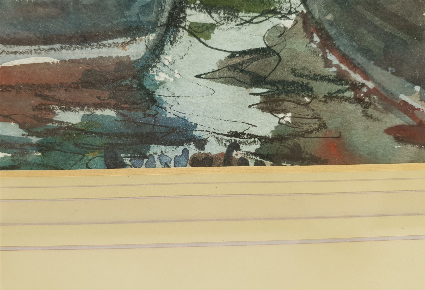 Robert Hardie Condie (Scottish 1898-1981): 'Masts and Nets Fraserburgh', mixed media signed, titled on gallery label verso 31cm x 42cm