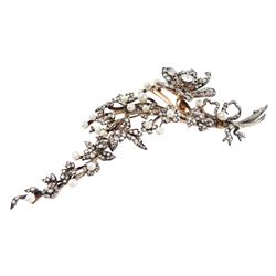 19th century gold and silver diamond and pearl en tremblant detachable brooch, the flower tremblant with a principal old cut diamond of approx 1.90 carat, the petals and stamen set with old cut and rose cut diamonds, total diamond weight approx 9.10 carat, to a foliate spray set set with further rose cut diamond and white / pink / cream pearls and ribbon tie