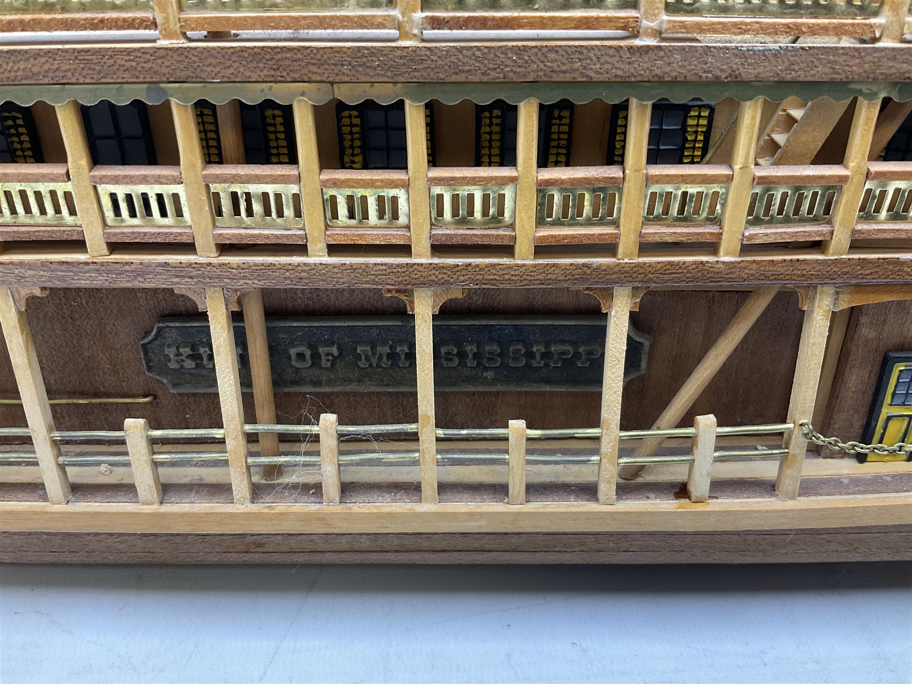 Hand built model of a river paddle steamer 'King of the Mississippi' and a sailing ship with three masts and unfurled sails, largest example H80cm, L101cm