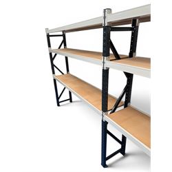 Two bays of Constructor warehouse racking with MDF boards