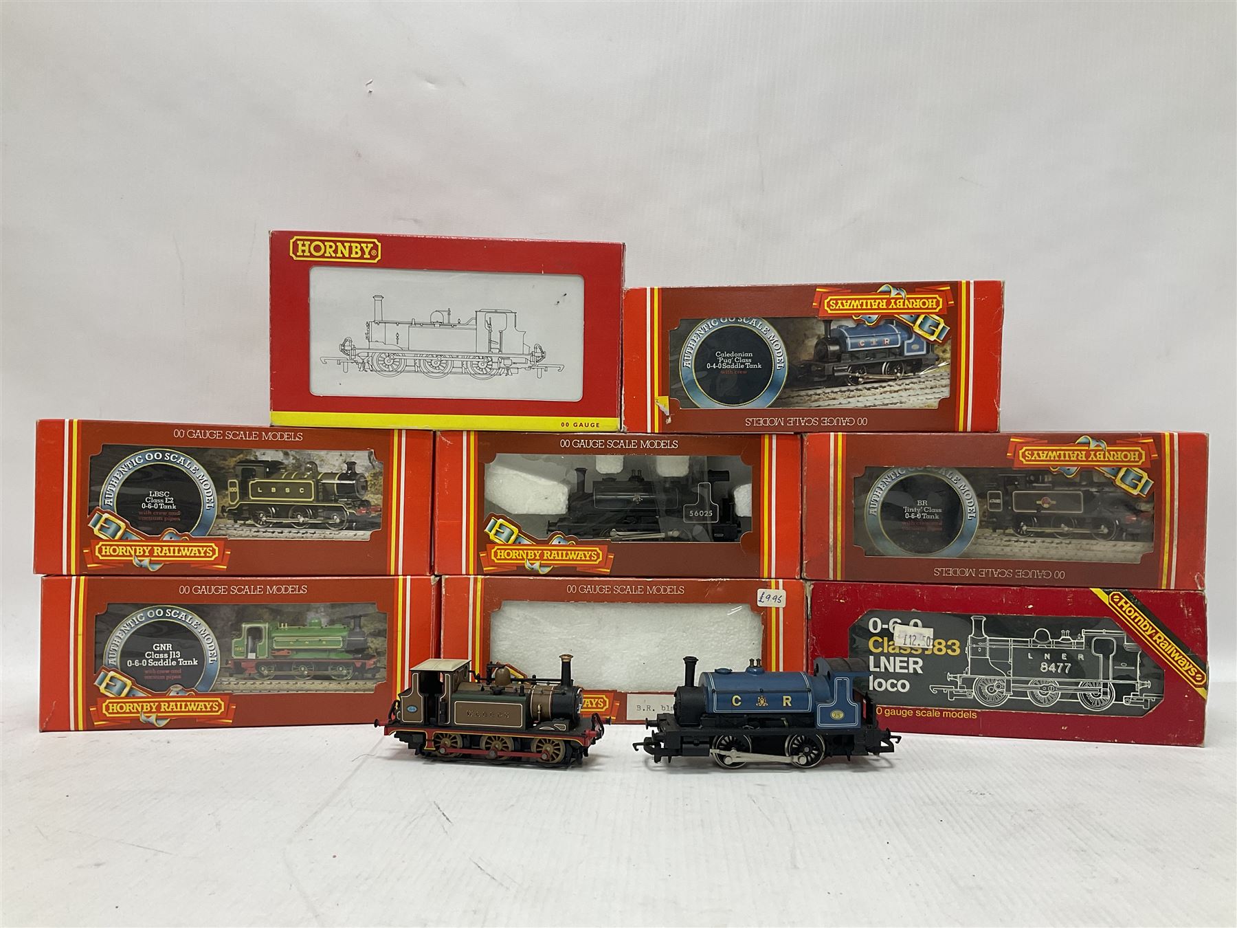 Hornby ‘00’ gauge - LBSC Class A1 0-6-0 ‘Brighton Works’ Terrier locomotive no.32635; LBSC E2 Class 0-6-0 tank locomotive no.100; BR Class 3F Jinty 0-6-0 tank locomotive no.47480; Caledonian ‘Pug’ Class 0-4-0 Saddle Tank locomotive no.270; GNR Class J13 0-6-0 Saddle Tank locomotive no.1247; LNER Class J83 0-6-0 locomotive no.8477; Class J52 0-6-0T locomotive no.68831 in BR black; in original boxes; BR Black 0-4-0 locomotive no.56025, in ‘Smokey Joe’ box; two further loose locomotives comprising ‘Waddon’ 0-6-0 locomotive no.54 and Caledonian Railway 0-4-0 locomotive no.270 (10) 