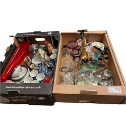 Two Coalport trios, decorated with birds and flowers, together with coloured glass decanters and other collectables, in five boxes 