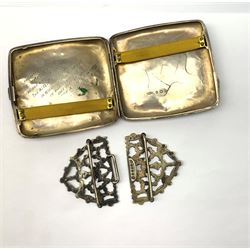 A silver cigarette case, with engraved scrolling decoration, hallmarked Joseph Gloster Ltd, Birmingham 1912, two silver plated belt buckles, and a pocket watch. 