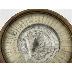 19th century pocket sundial compass pantochronometer, central sun dial pivoting with angled gnomon, within a broad enamelled band, listing world cities, paper calendar label to cover