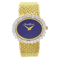 Bueche Girod ladies 18ct gold manual wind wristwatch, blue dial with round brilliant cut diamond bezel, total diamond weight approx 1.10 carat, stamped 750