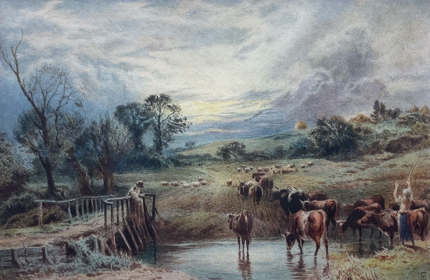 Myles Birket Foster RWS (British 1825-1899): 'Sunset with Cattle', watercolour signed with monogram 14cm x 21cm 
Provenance: private collection, purchased James Alder Fine Art, Hexham; with Christie's London 17th November 2010 Lot 149; exh. Sheffield Art Gallery, partial label verso