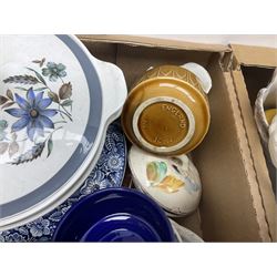 Approx. nine boxes of predominantly Victorian and later ceramics to include 19th century R & D teawares, Japanese style tea and dinner wares, marked Diane, Japan, animal figures, vases, Staffordshire style dogs, Meakin, breweriana etc