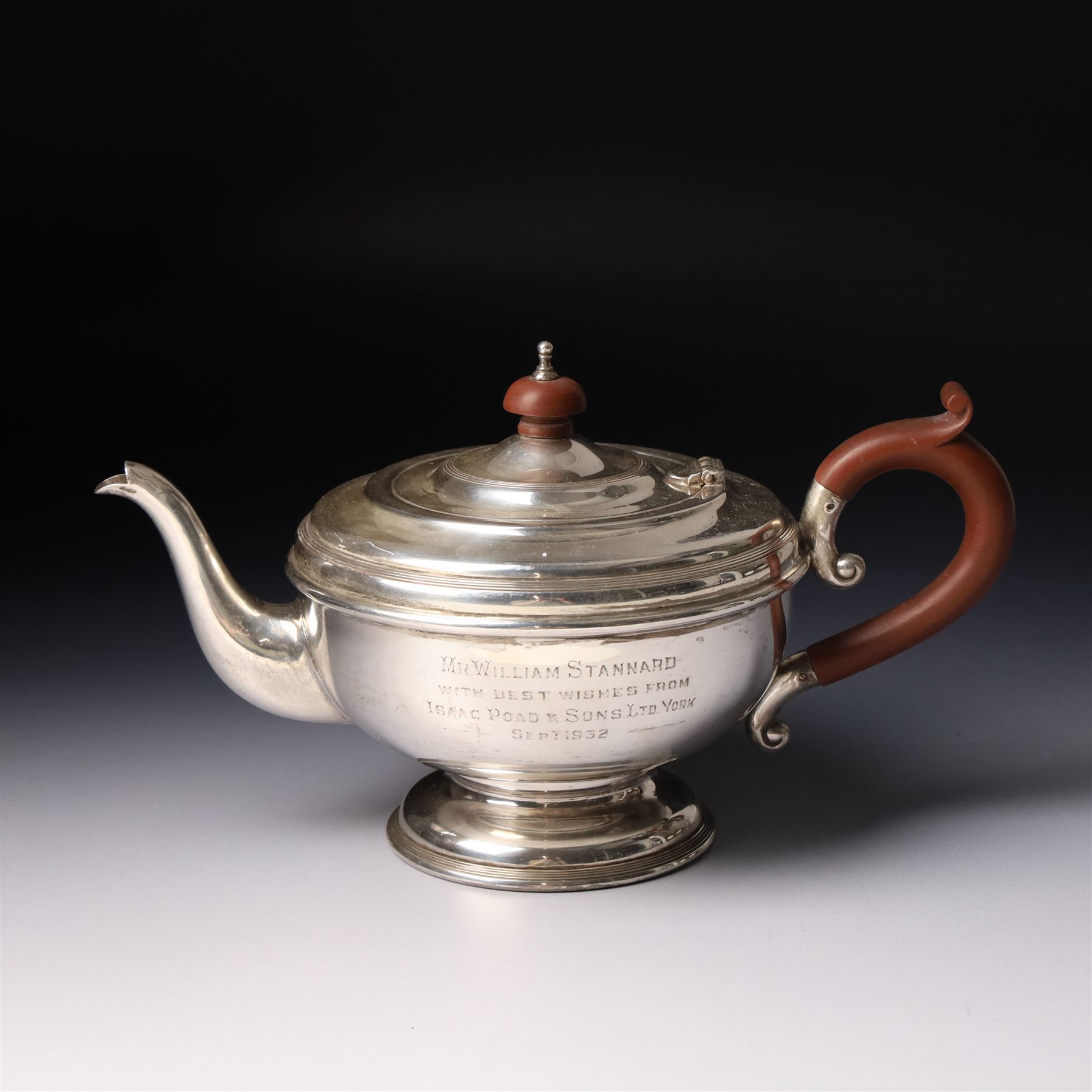 Silver circular teapot with presentation inscription Birmingham 1932 Maker Alexander Clark & Co Ltd 
