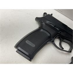 Two Bersa Thunder 9 Pro CO2 BB pistols, serial nos.21M142216 and 20J12270, L30cm overall; one in original box with paperwork  NB: AGE RESTRICTIONS APPLY TO THE PURCHASE OF AIR WEAPONS.