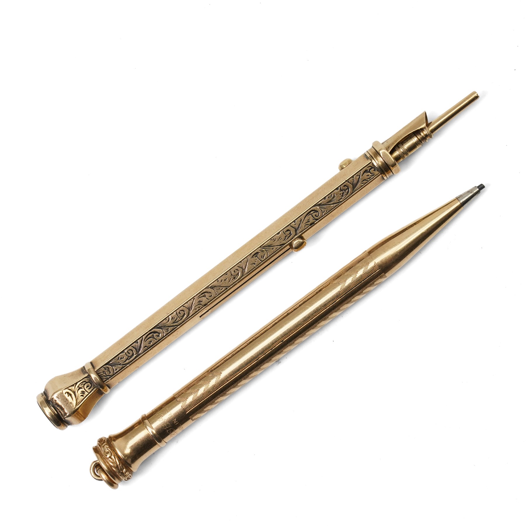 Sampson Mordan & Co. hexagonal gold combination dip pen and propelling pencil with engraved decoration and bloodstone seal, L9.3cm, together with a Wahl Eversharp gold filled pencil