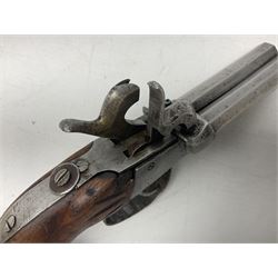 19th century Belgian double barrel side by side percussion pistol, approximately 40 calibre, with 8cm octagonal barrels, and wooden stock L22cm