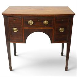 Small late 18th century inlaid mahogany sideboard, with bow fronted top with crossbanded e...